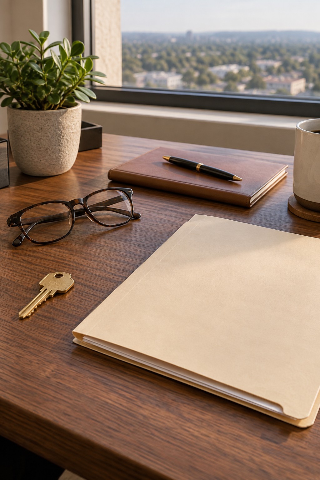 A house key and a folded property folder on a broker's desk, representing Robert Reyes, Principal Broker