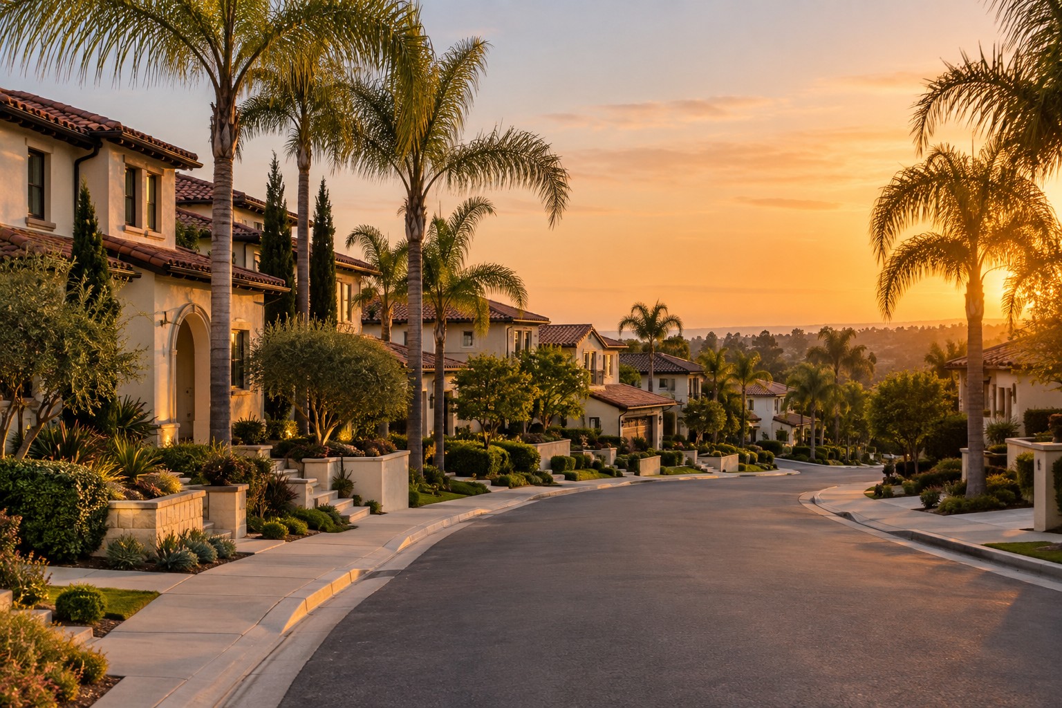 An upscale Orange County, California neighborhood street at golden hour, illustrative