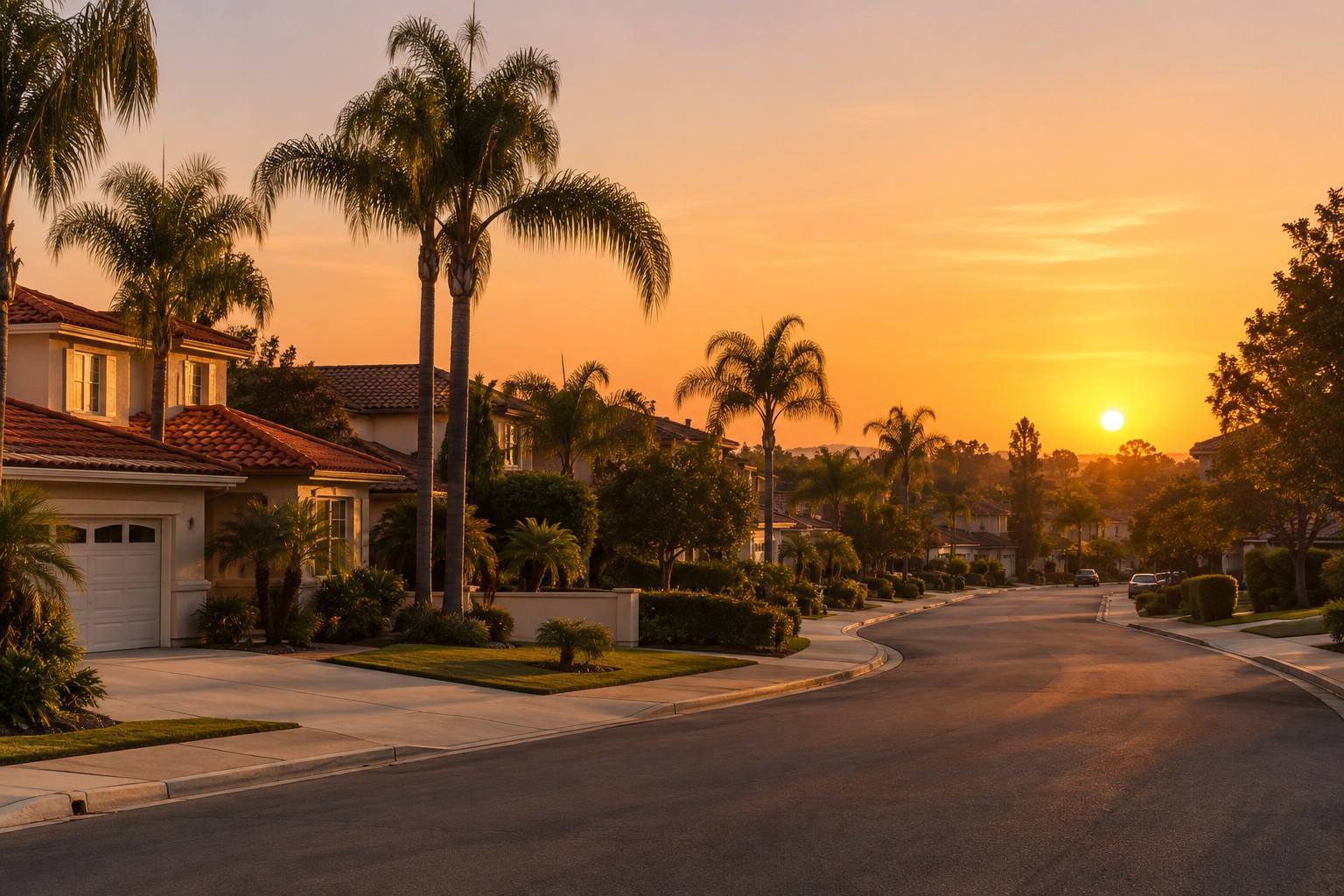 An Orange, CA street at sunset, illustrative