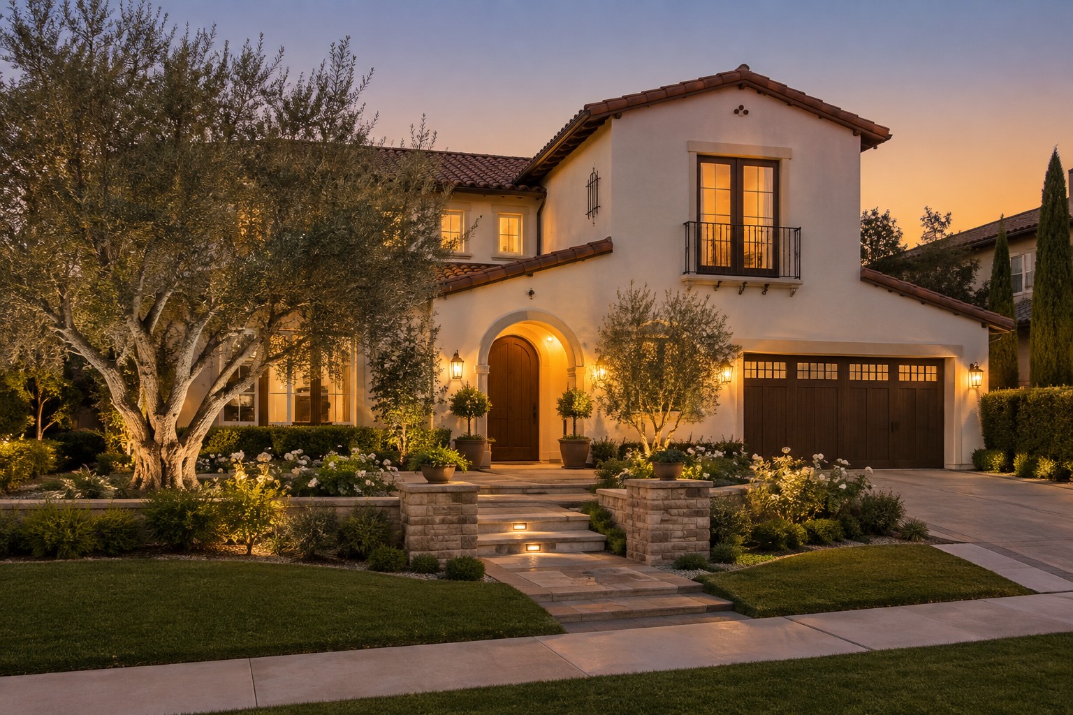 An Orange County home exterior at dusk, illustrative